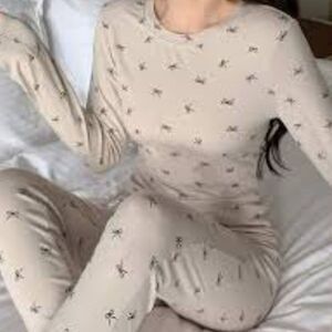 Dazy Beige and black bow print long sleeve pj loungewear set